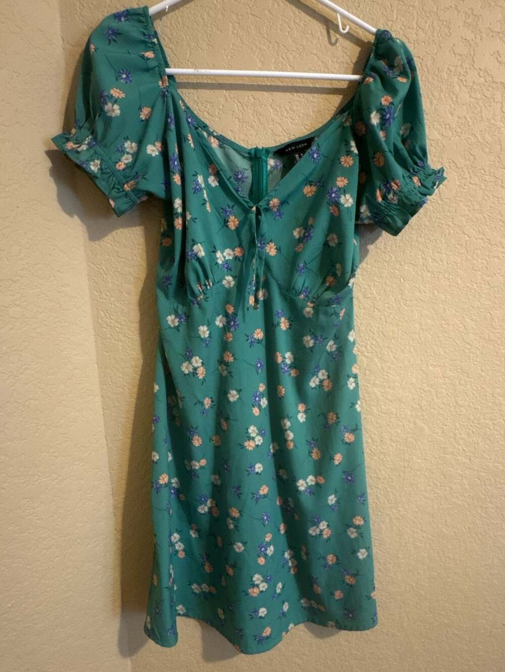 New Look Floral Dress USA 6 Green Puff Sleeve Mini Dress